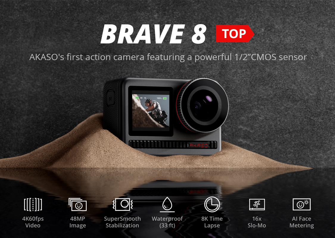 AKASO Brave 8 4K/60fps 48MP action camera, 10m IPX8 vandtæt 